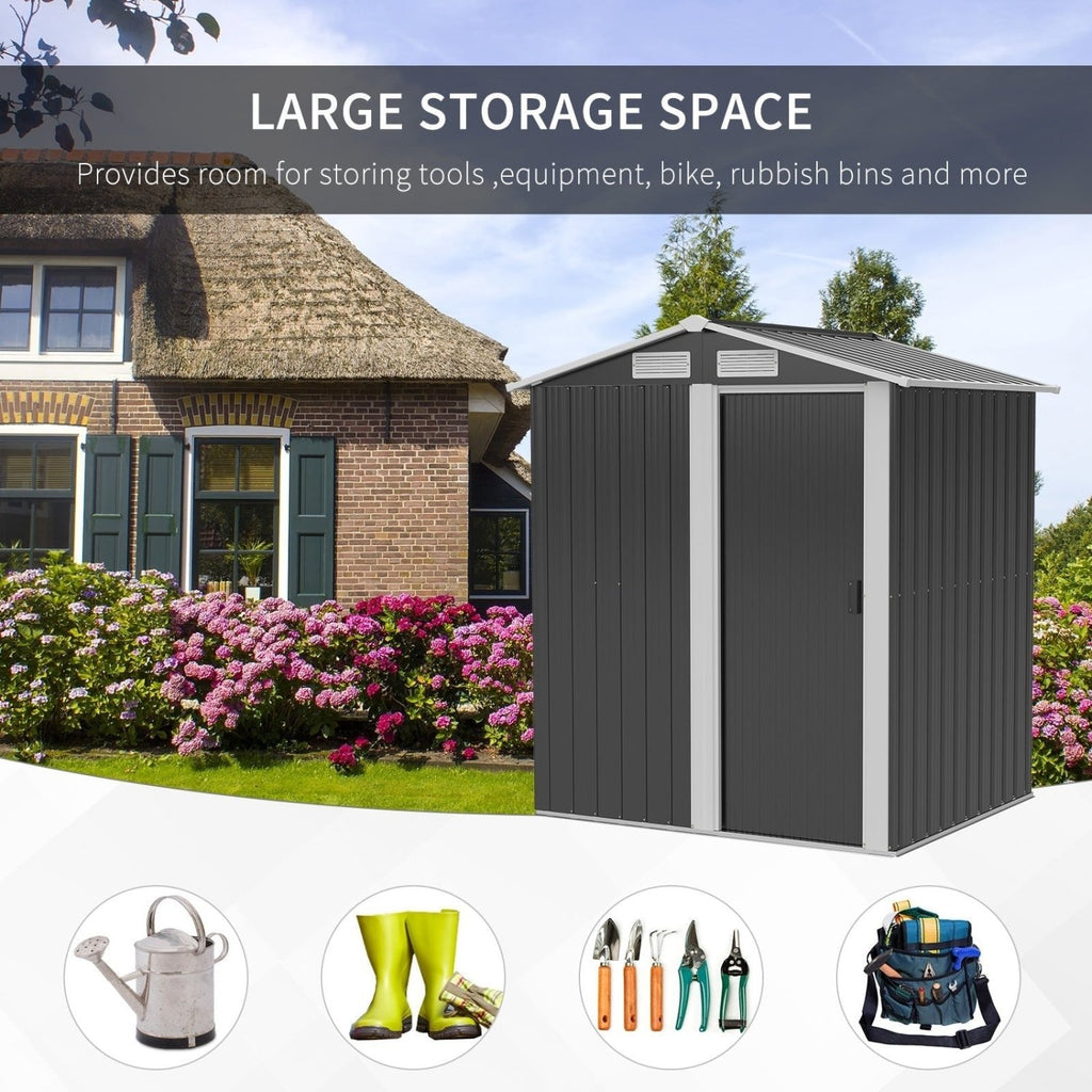 Outsunny Garden Metal Tool Storage Shed with Sliding Door, Sloped Roof and Foundation Kit, 152 x 132 x 188cm, Grey - SGP Garden Ltd