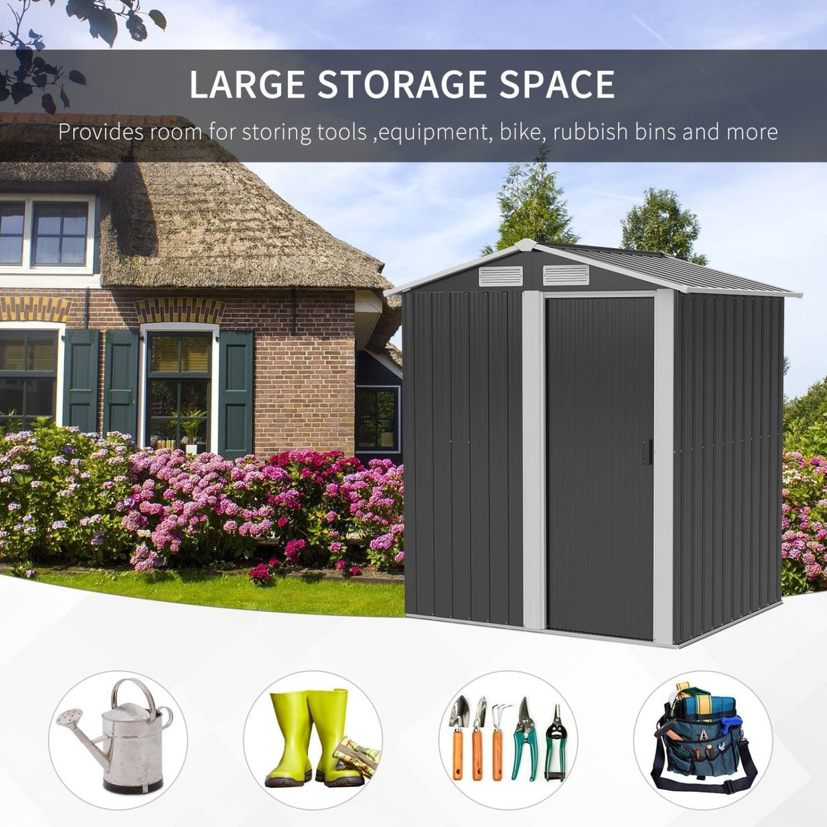 Outsunny Garden Metal Tool Storage Shed with Sliding Door, Sloped Roof and Foundation Kit, 152 x 132 x 188cm, Grey - SGP Garden Ltd
