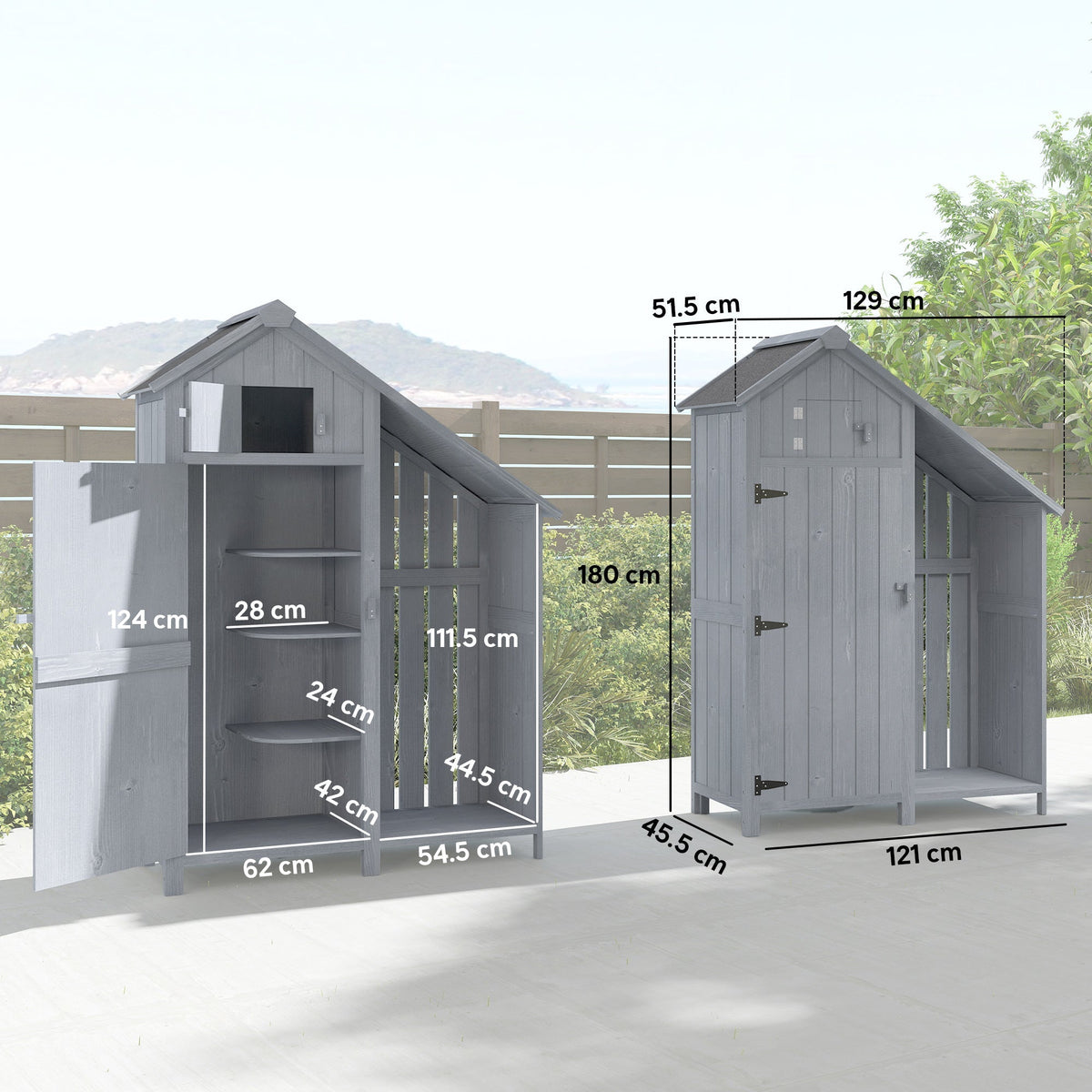 Outsunny Garden Outdoor Storage Shed 3 Shelves Tilt Roof w/ Firewood Rack Log Carrier, 129L x 51.5W x 180H cm - SGP Garden Ltd