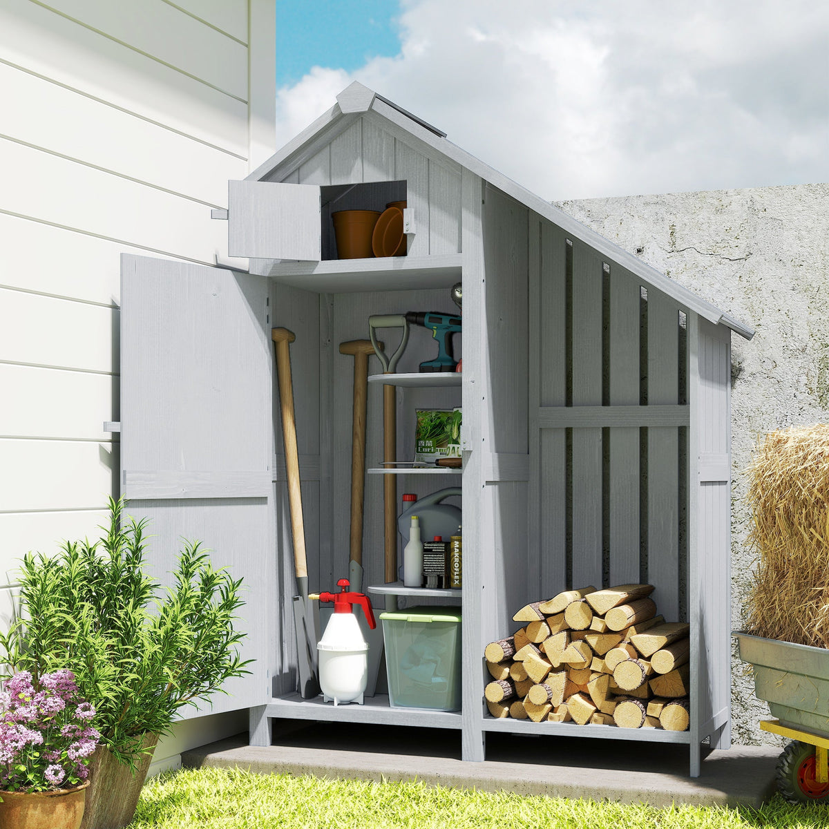 Outsunny Garden Outdoor Storage Shed 3 Shelves Tilt Roof w/ Firewood Rack Log Carrier, 129L x 51.5W x 180H cm - SGP Garden Ltd