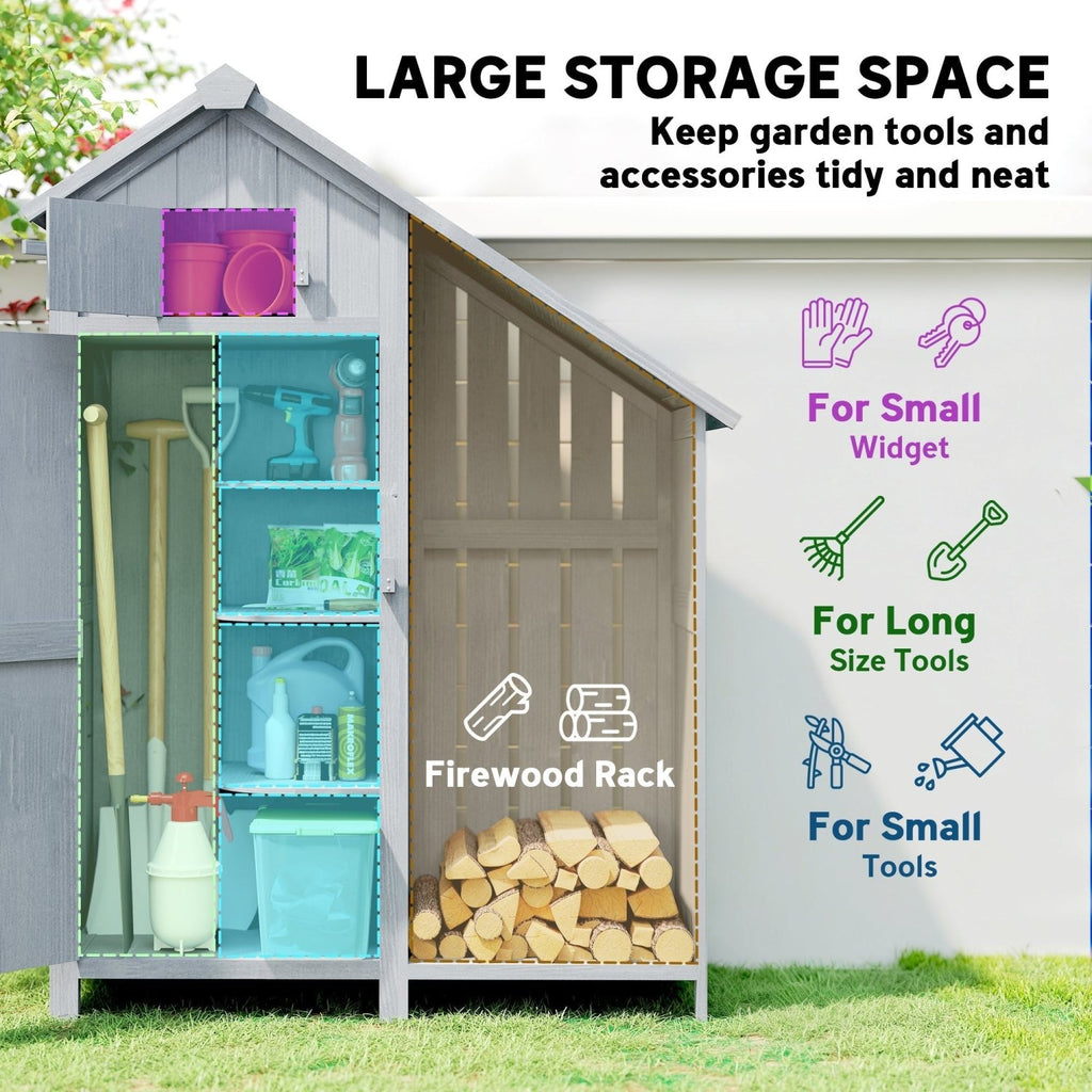 Outsunny Garden Outdoor Storage Shed 3 Shelves Tilt Roof w/ Firewood Rack Log Carrier, 129L x 51.5W x 180H cm - SGP Garden Ltd