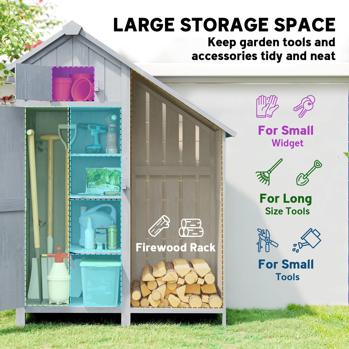 Outsunny Garden Outdoor Storage Shed 3 Shelves Tilt Roof w/ Firewood Rack Log Carrier, 129L x 51.5W x 180H cm - SGP Garden Ltd