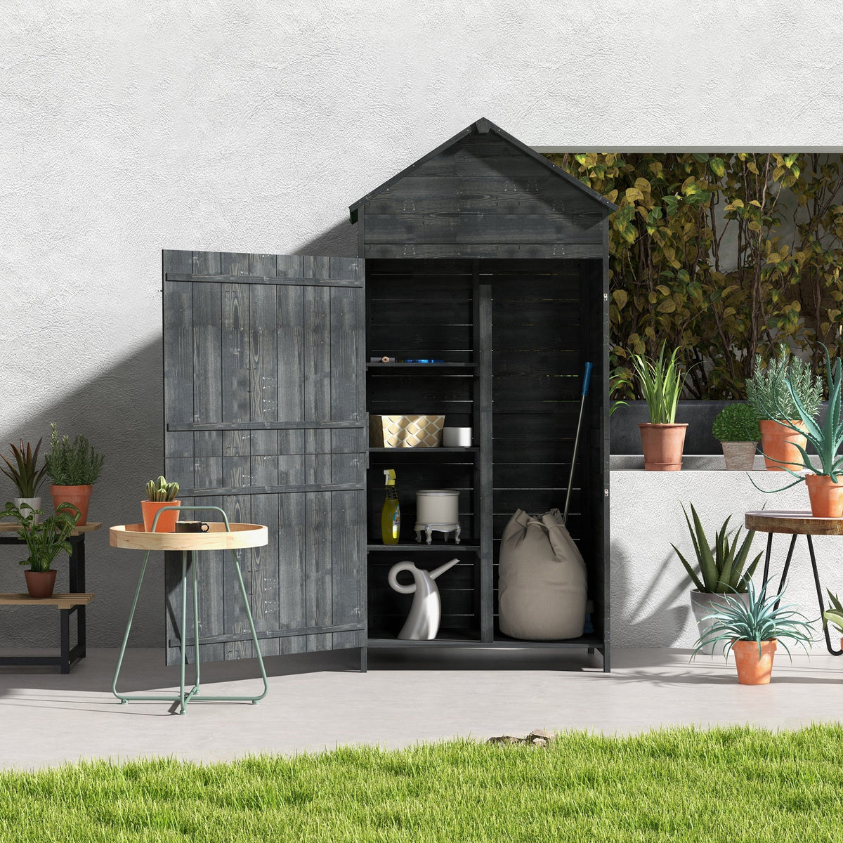 Outsunny Garden Shed 4-Tier Wooden Garden Outdoor Shed 3 Shelves Utility Gardener Cabinet Lockable 2 Doors - Grey - SGP Garden Ltd