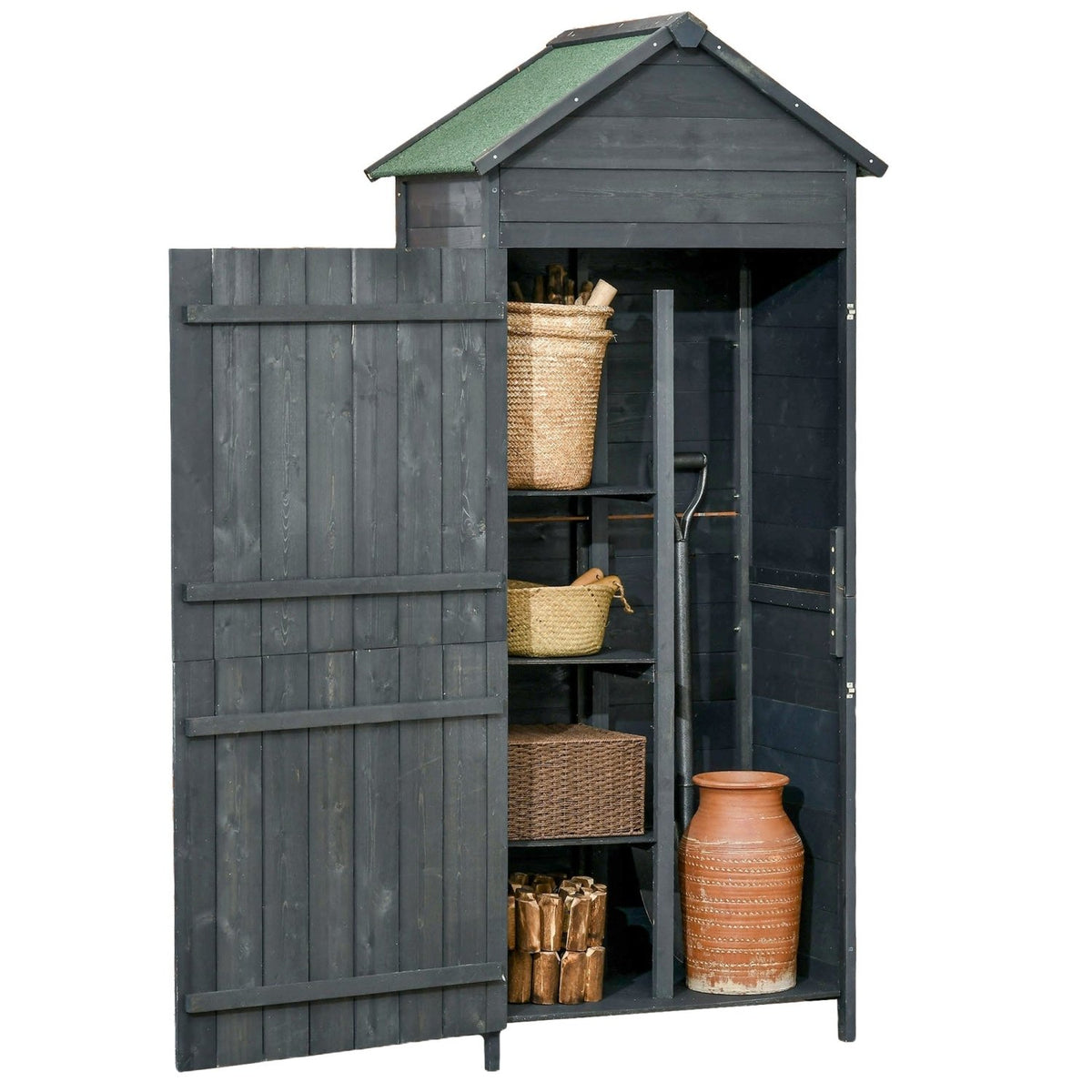 Outsunny Garden Shed 4-Tier Wooden Garden Outdoor Shed 3 Shelves Utility Gardener Cabinet Lockable 2 Doors - Grey - SGP Garden Ltd