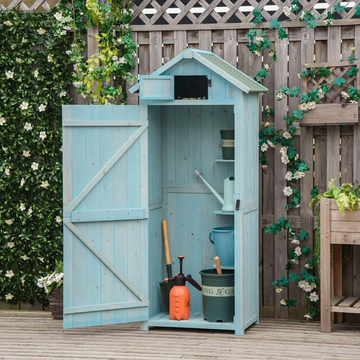 Outsunny Garden Shed Vertical Utility 3 Shelves Shed Wood Outdoor Garden Tool Storage Unit Storage Cabinet, 77 x 54.2 x 179cm - Blue - SGP Garden Ltd