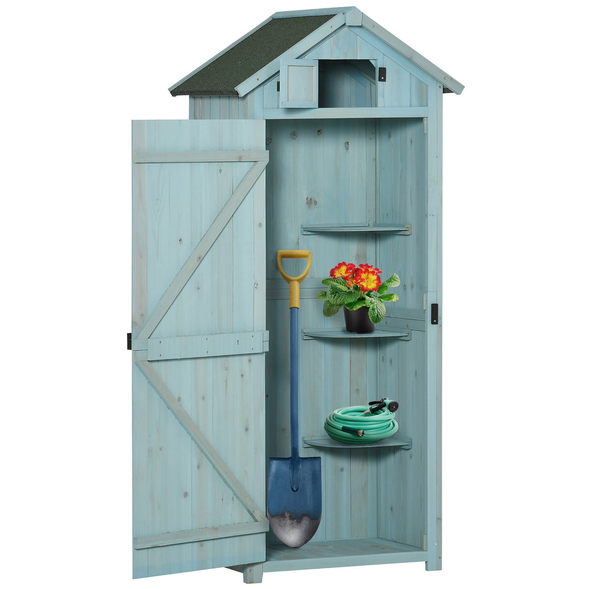 Outsunny Garden Shed Vertical Utility 3 Shelves Shed Wood Outdoor Garden Tool Storage Unit Storage Cabinet, 77 x 54.2 x 179cm - Blue - SGP Garden Ltd