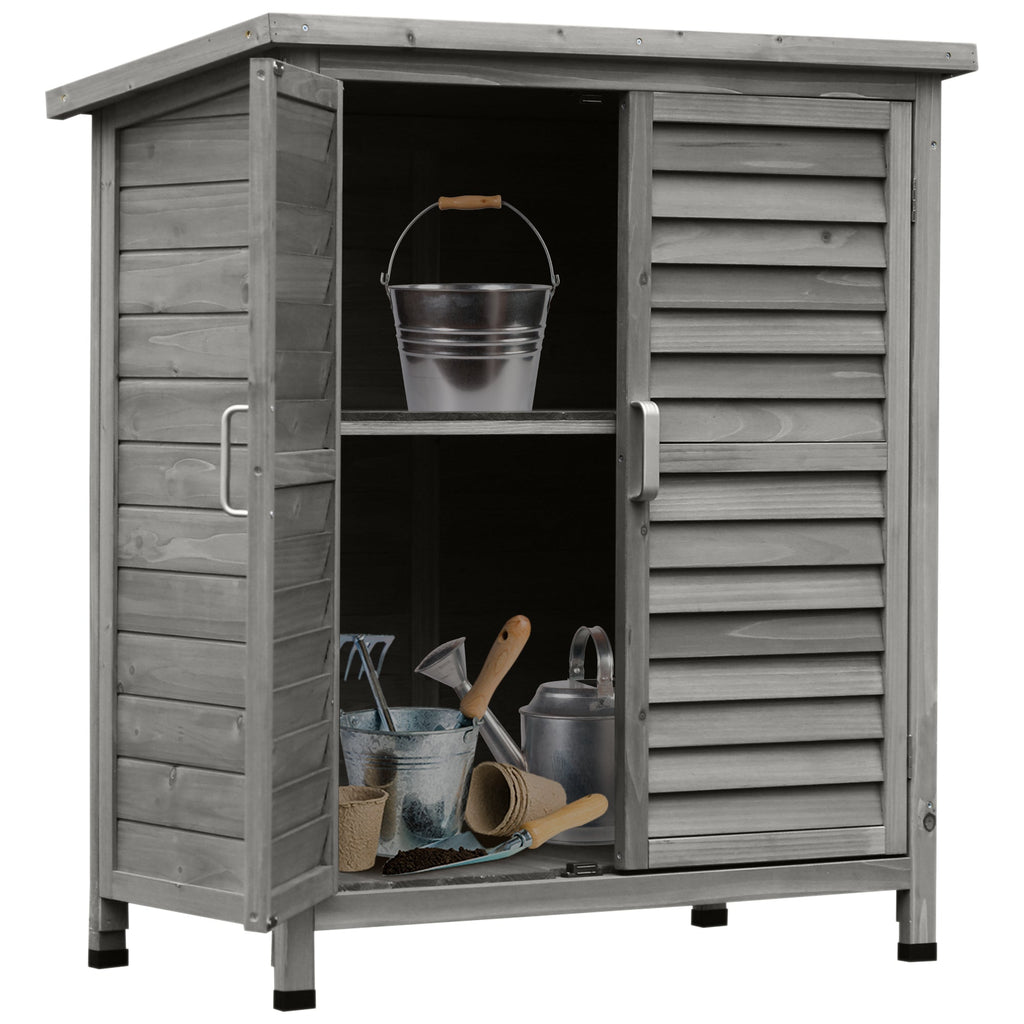 Outsunny Garden Shed Wooden Garden Storage Shed 2 Door Unit Solid Fir Wood Garage Tool Organisation Cabinet, 87L x 46.5W x 96.5Hcm, Grey - SGP Garden Ltd