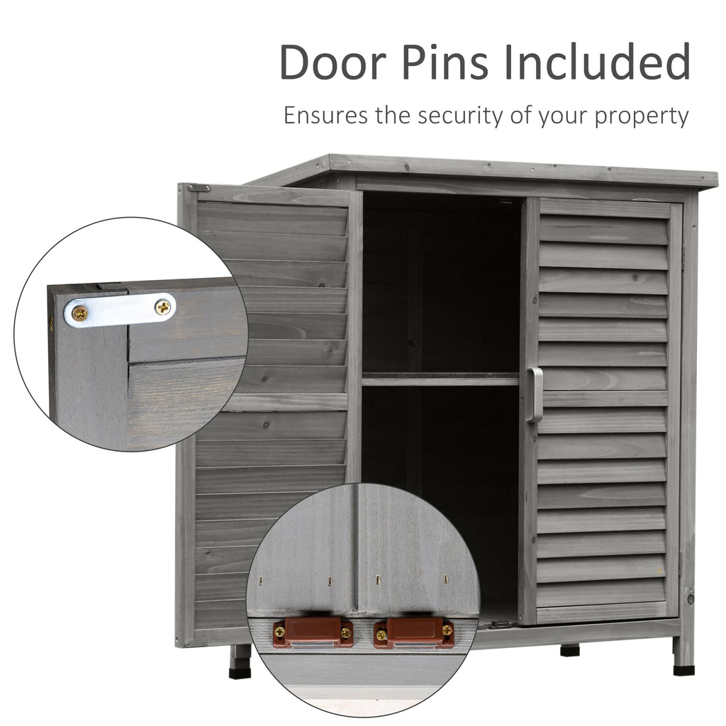 Outsunny Garden Shed Wooden Garden Storage Shed 2 Door Unit Solid Fir Wood Garage Tool Organisation Cabinet, 87L x 46.5W x 96.5Hcm, Grey - SGP Garden Ltd