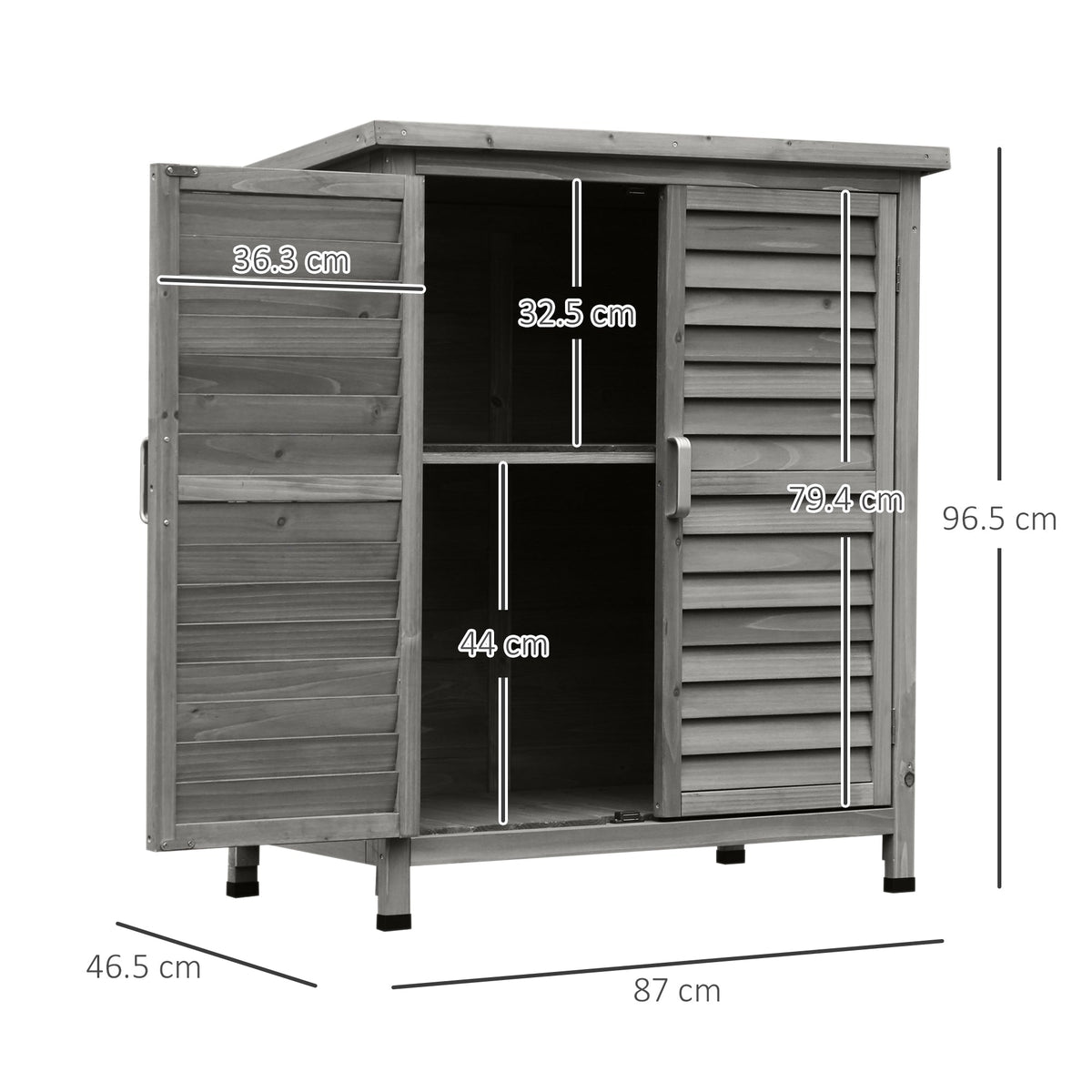 Outsunny Garden Shed Wooden Garden Storage Shed 2 Door Unit Solid Fir Wood Garage Tool Organisation Cabinet, 87L x 46.5W x 96.5Hcm, Grey - SGP Garden Ltd