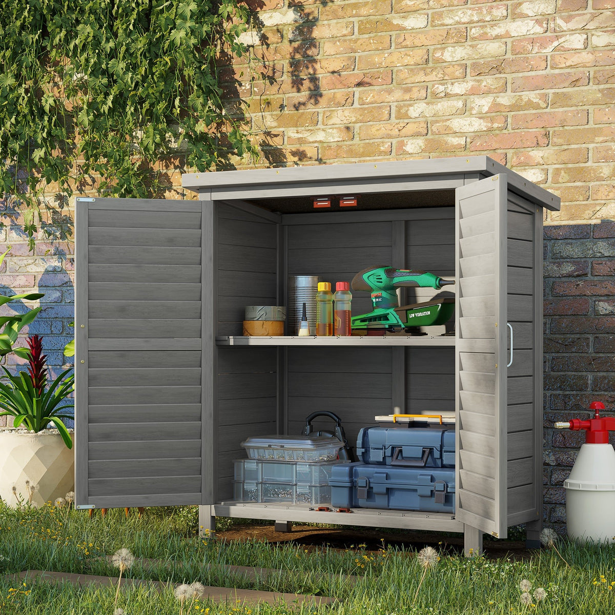 Outsunny Garden Shed Wooden Garden Storage Shed 2 Door Unit Solid Fir Wood Garage Tool Organisation Cabinet, 87L x 46.5W x 96.5Hcm, Grey - SGP Garden Ltd