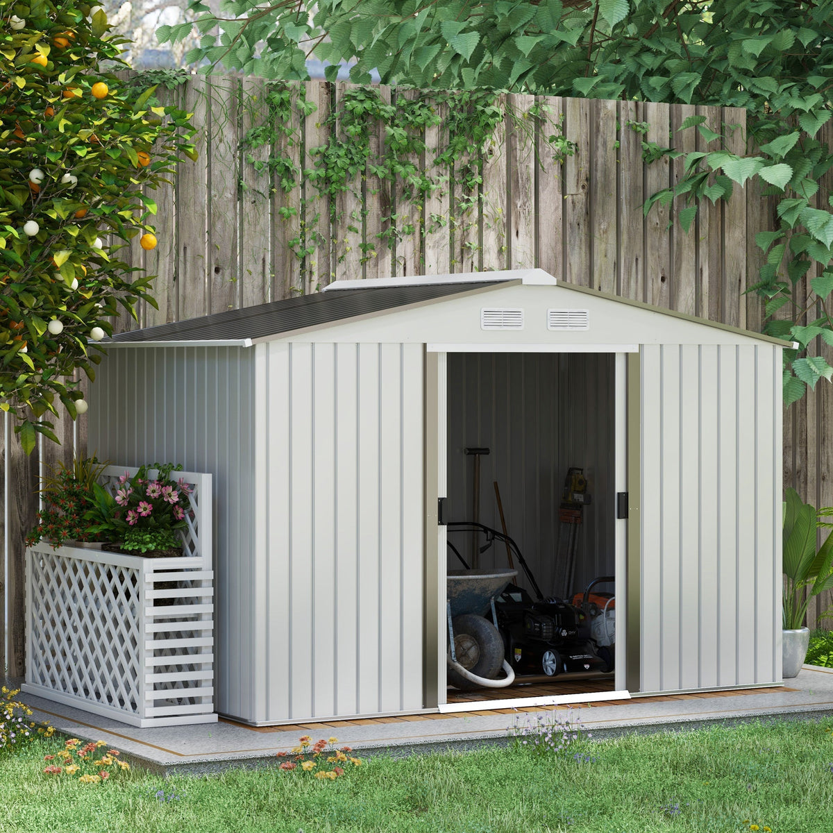 Outsunny Garden Storage Shed, Metal Outdoor Storage Shed House with Foundation Kit, Ventilation, Doors, 9 x 6FT, Silver - SGP Garden Ltd
