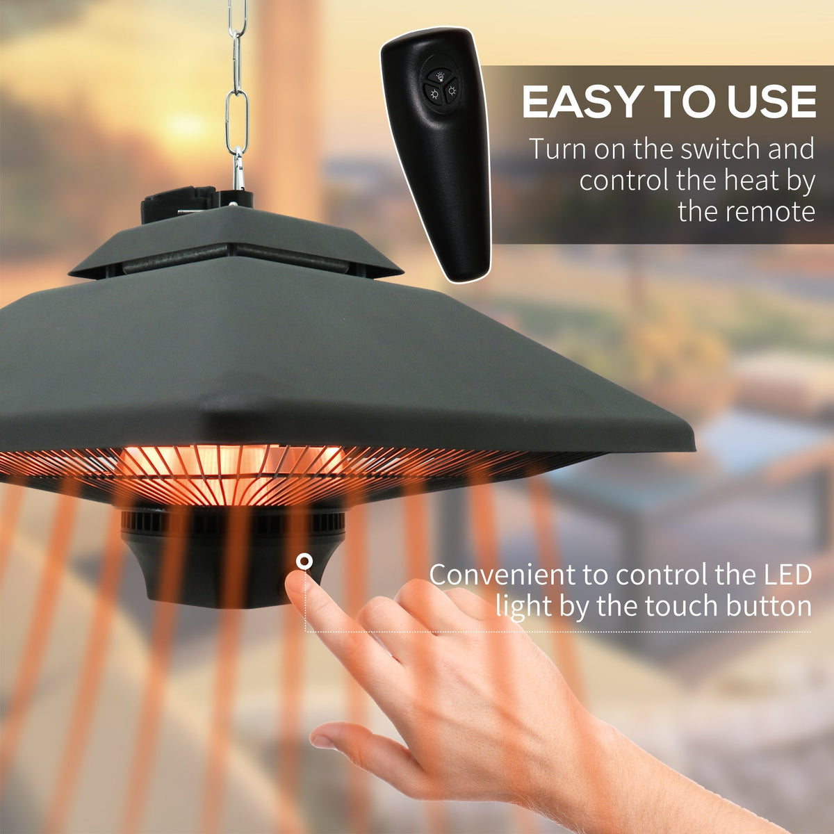 Outsunny Hanging Electric Patio Heater with 2 Power Settings, 1000/2000W Waterproof Ceiling Mounted Aluminium Halogen Infrared Outdoor Heater Warmer with LED Light and Remote Control, Black - SGP Garden Ltd