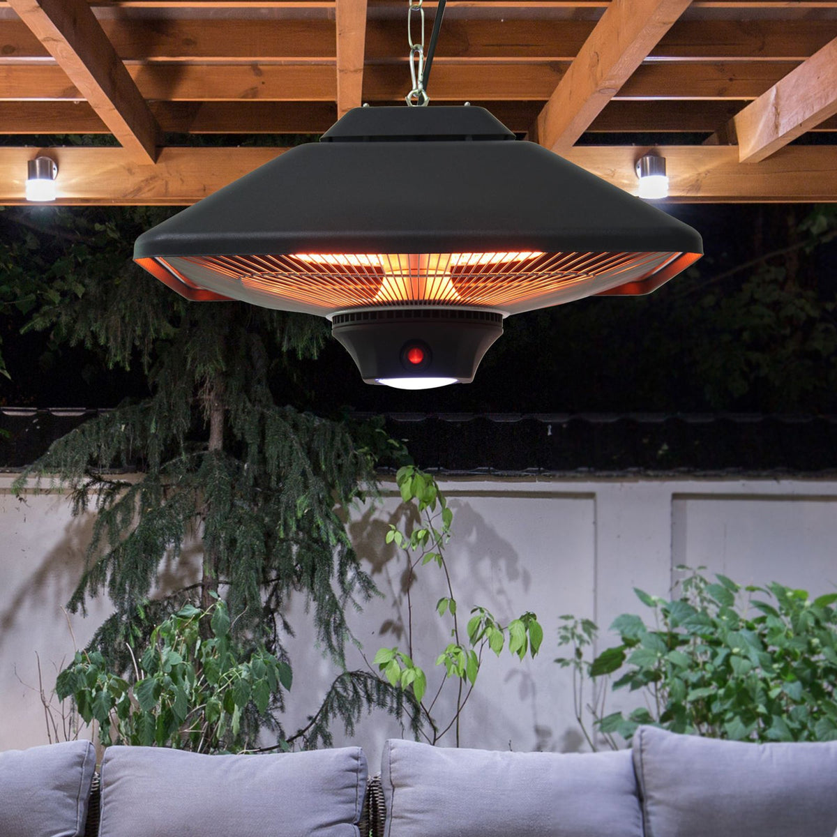 Outsunny Hanging Electric Patio Heater with 2 Power Settings, 1000/2000W Waterproof Ceiling Mounted Aluminium Halogen Infrared Outdoor Heater Warmer with LED Light and Remote Control, Black - SGP Garden Ltd