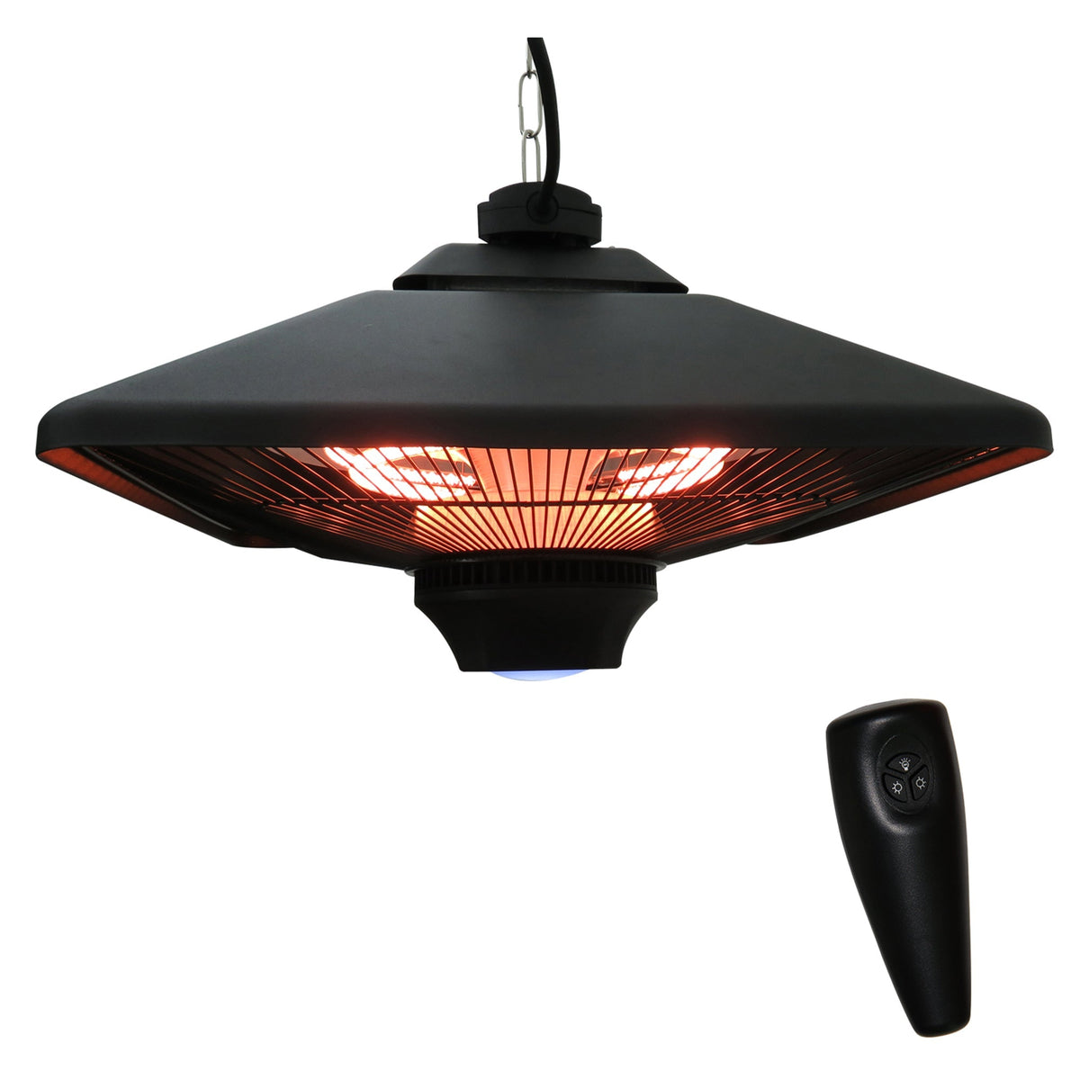 Outsunny Hanging Electric Patio Heater with 2 Power Settings, 1000/2000W Waterproof Ceiling Mounted Aluminium Halogen Infrared Outdoor Heater Warmer with LED Light and Remote Control, Black - SGP Garden Ltd
