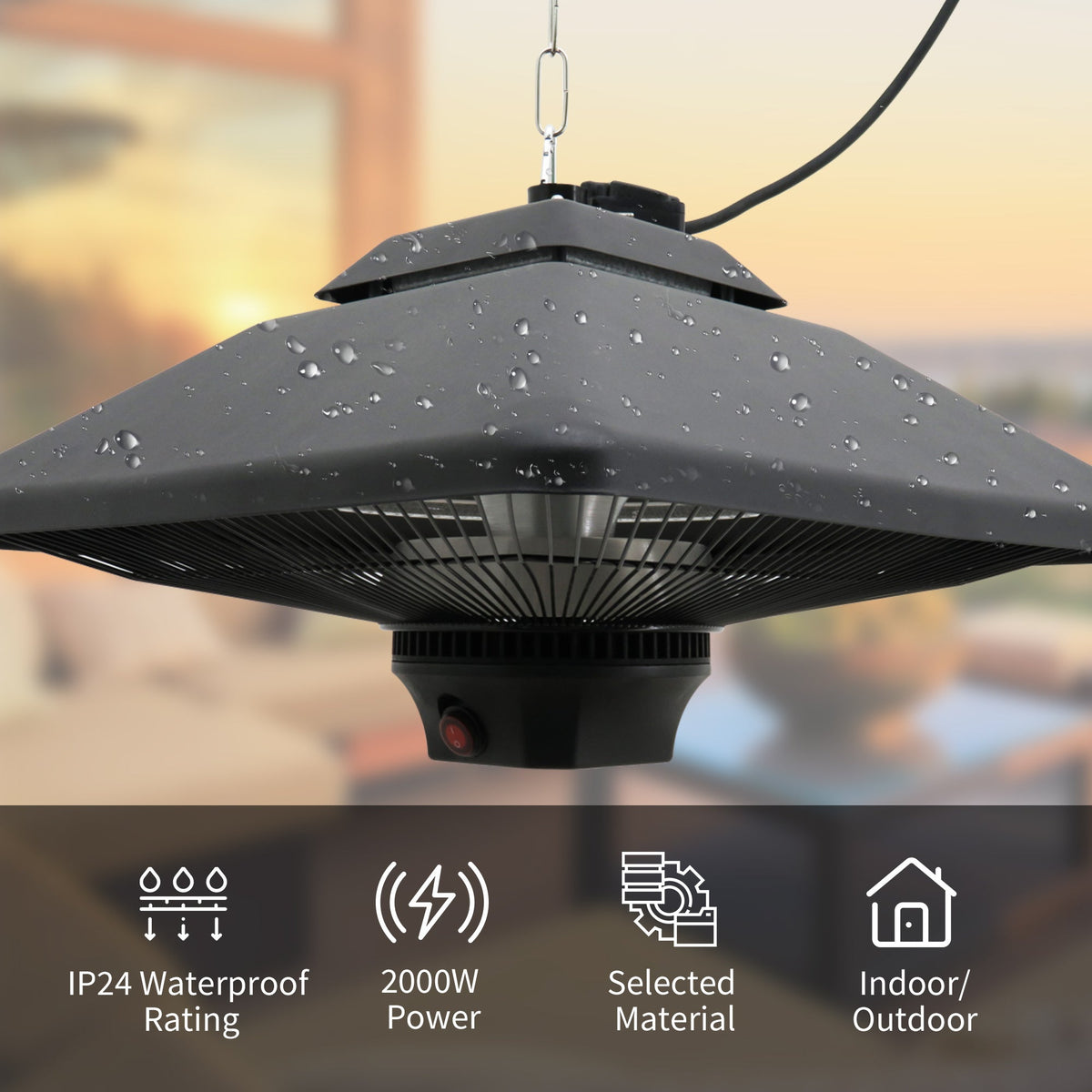 Outsunny Hanging Electric Patio Heater with 2 Power Settings, 1000/2000W Waterproof Ceiling Mounted Aluminium Halogen Infrared Outdoor Heater Warmer with LED Light and Remote Control, Black - SGP Garden Ltd