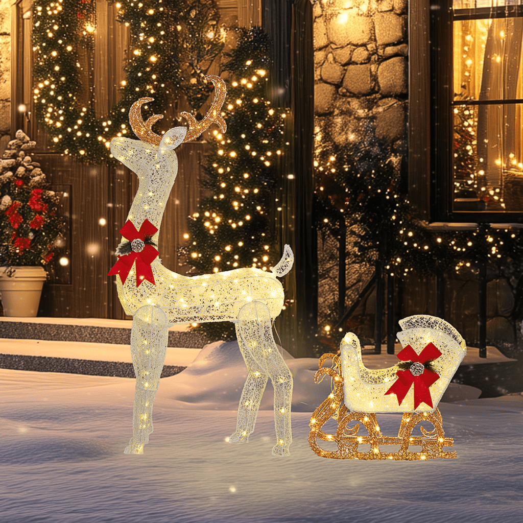 Outsunny Light Up Reindeer & Sleigh Christmas Decoration w/ 170 LED Lights - SGP Garden Ltd