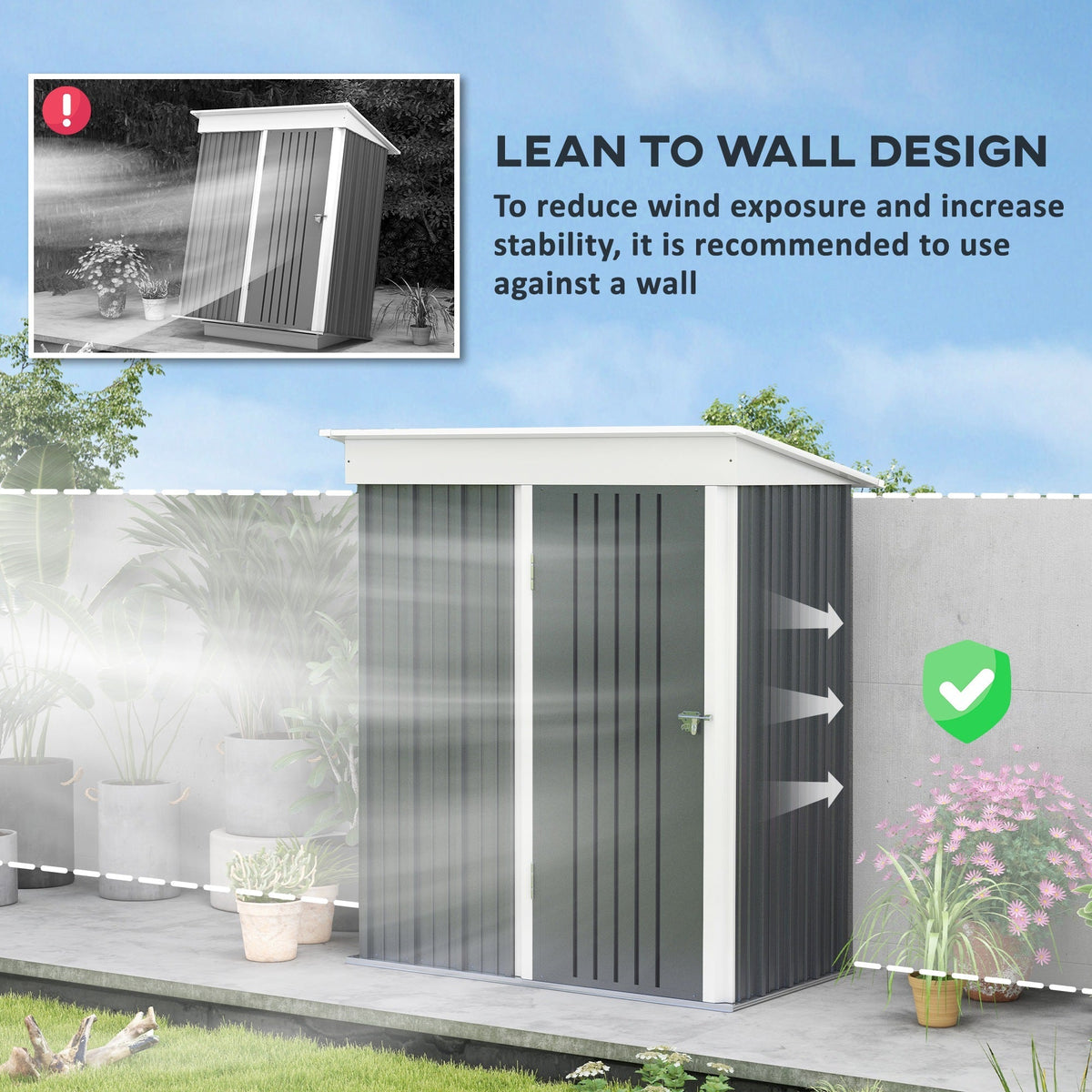 Outsunny Metal Garden Shed, Outdoor Lean-to Shed for Tool Motor Bike, with Adjustable Shelf, Lock, Gloves, 5'x3'x6', Dark Grey - SGP Garden Ltd