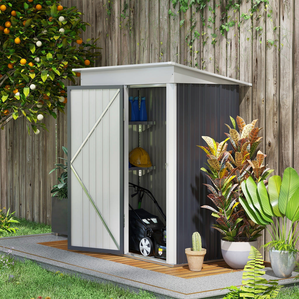 Outsunny Metal Garden Shed, Outdoor Lean-to Shed for Tool Motor Bike, with Adjustable Shelf, Lock, Gloves, 5'x3'x6', Dark Grey - SGP Garden Ltd
