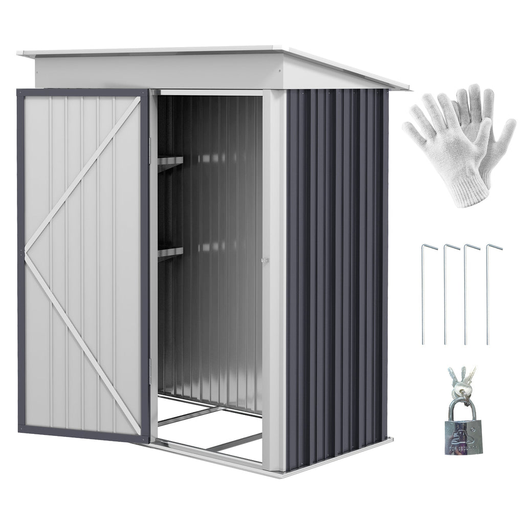 Outsunny Metal Garden Shed, Outdoor Lean-to Shed for Tool Motor Bike, with Adjustable Shelf, Lock, Gloves, 5'x3'x6', Dark Grey - SGP Garden Ltd