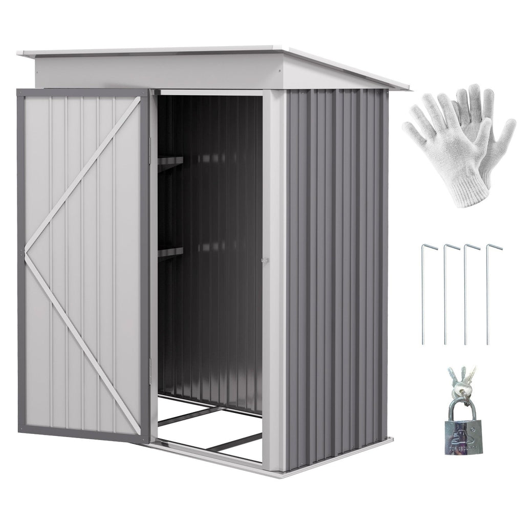 Outsunny Metal Garden Shed, Outdoor Lean-to Shed for Tool Motor Bike, with Adjustable Shelf, Lock, Gloves, 5'x3'x6', Grey - SGP Garden Ltd