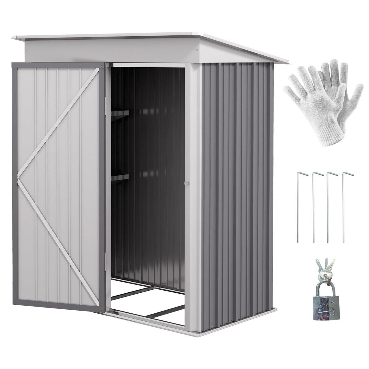 Outsunny Metal Garden Shed, Outdoor Lean-to Shed for Tool Motor Bike, with Adjustable Shelf, Lock, Gloves, 5'x3'x6', Grey - SGP Garden Ltd