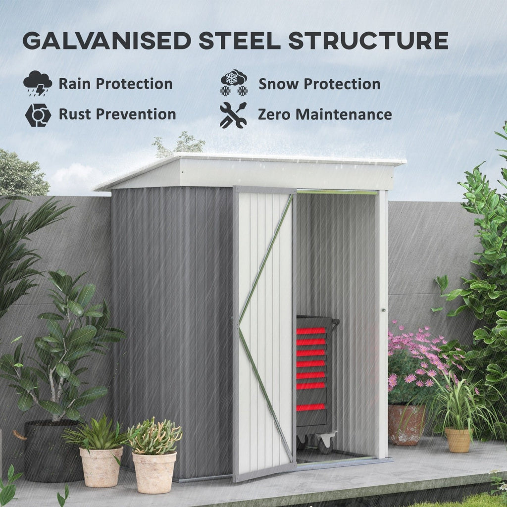 Outsunny Metal Garden Shed, Outdoor Lean-to Shed for Tool Motor Bike, with Adjustable Shelf, Lock, Gloves, 5'x3'x6', Grey - SGP Garden Ltd