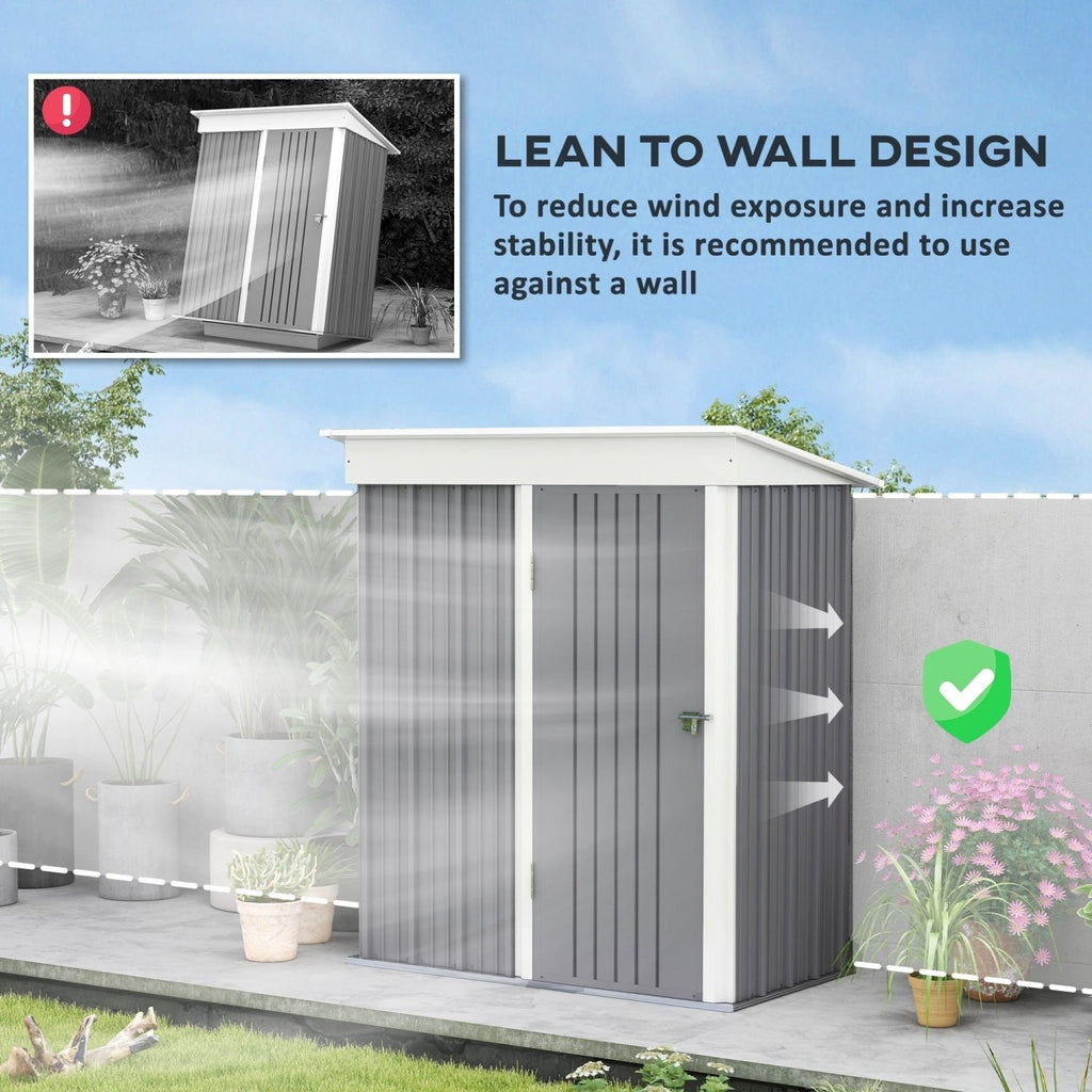 Outsunny Metal Garden Shed, Outdoor Lean-to Shed for Tool Motor Bike, with Adjustable Shelf, Lock, Gloves, 5'x3'x6', Grey - SGP Garden Ltd