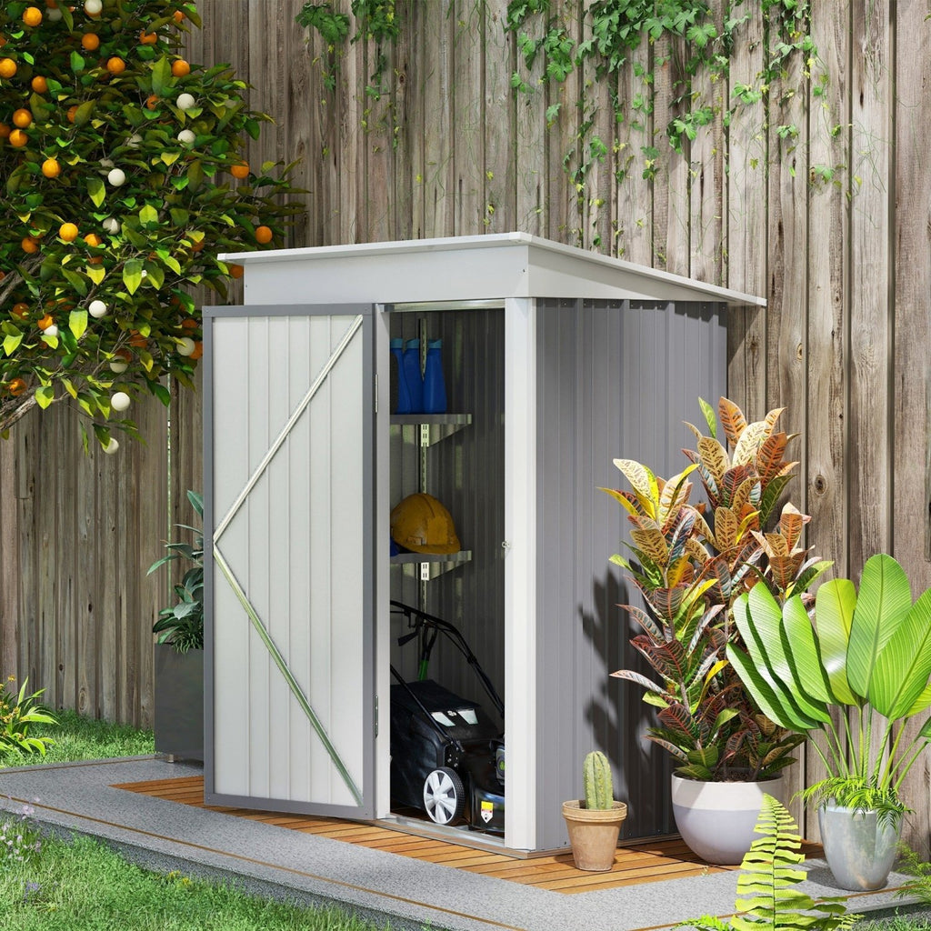 Outsunny Metal Garden Shed, Outdoor Lean-to Shed for Tool Motor Bike, with Adjustable Shelf, Lock, Gloves, 5'x3'x6', Grey - SGP Garden Ltd