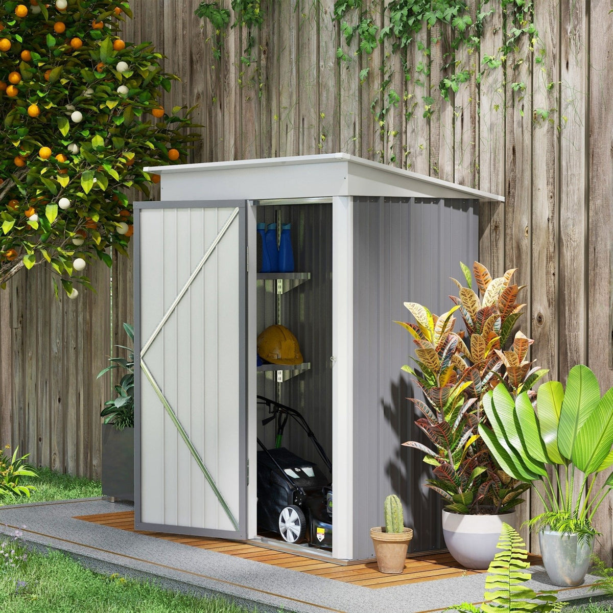 Outsunny Metal Garden Shed, Outdoor Lean-to Shed for Tool Motor Bike, with Adjustable Shelf, Lock, Gloves, 5'x3'x6', Grey - SGP Garden Ltd