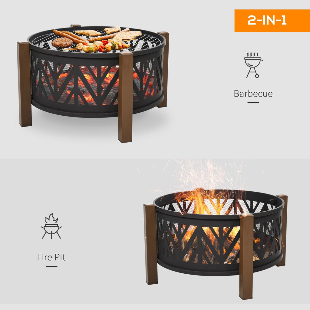 Outsunny Metal Large Firepit Bowl Outdoor 2-In-1 Round Fire Pit Brazier w/ Lid, BBQ Grill, Poker for Backyard, Camping, Bonfire, Wood Burning Stove, 78 x 78 x 60cm, Black - SGP Garden Ltd