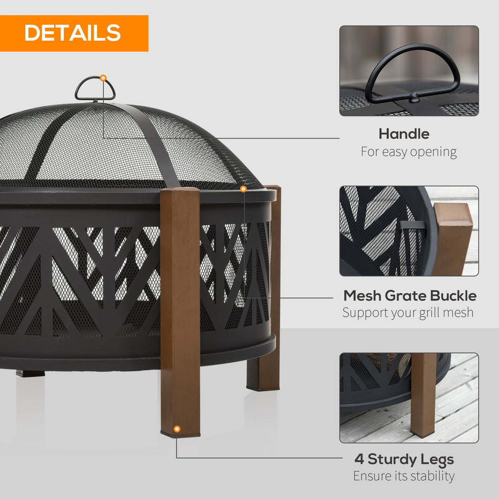 Outsunny Metal Large Firepit Bowl Outdoor 2-In-1 Round Fire Pit Brazier w/ Lid, BBQ Grill, Poker for Backyard, Camping, Bonfire, Wood Burning Stove, 78 x 78 x 60cm, Black - SGP Garden Ltd