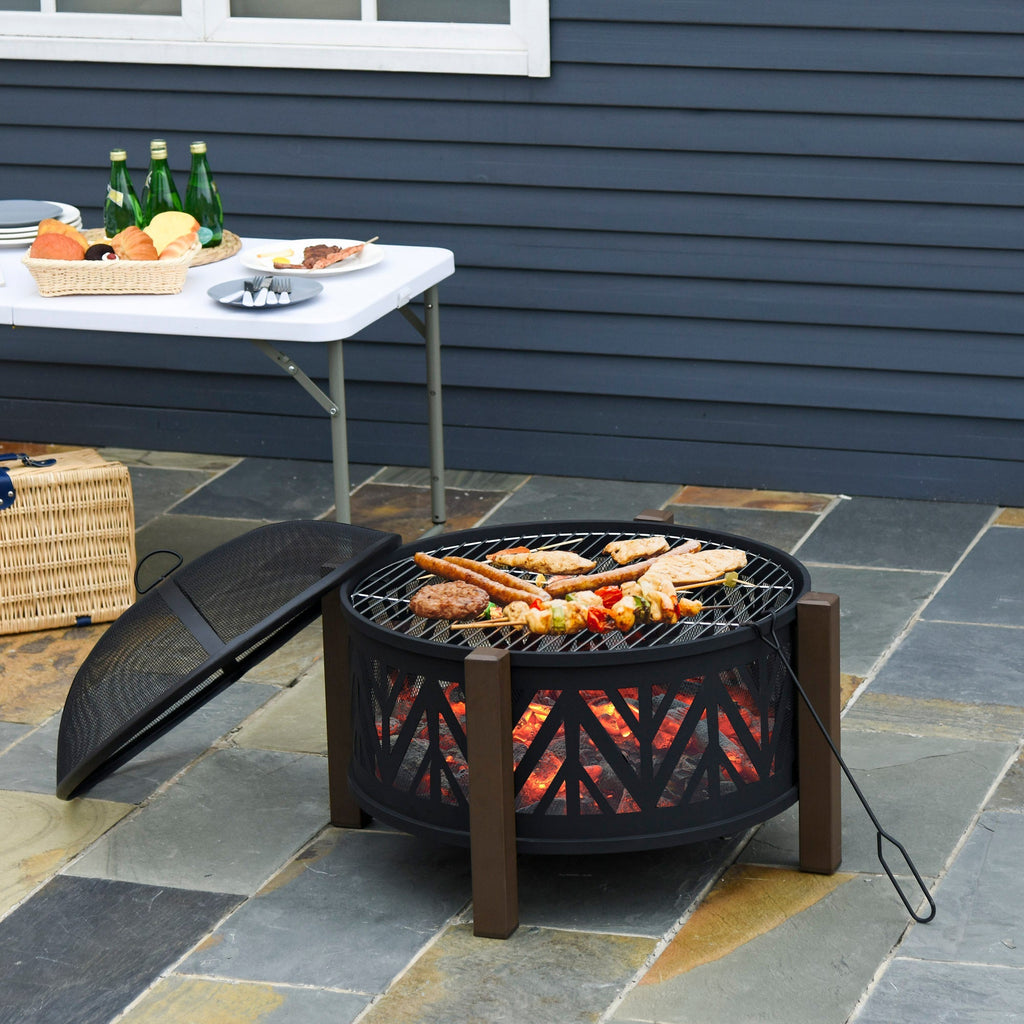 Outsunny Metal Large Firepit Bowl Outdoor 2-In-1 Round Fire Pit Brazier w/ Lid, BBQ Grill, Poker for Backyard, Camping, Bonfire, Wood Burning Stove, 78 x 78 x 60cm, Black - SGP Garden Ltd