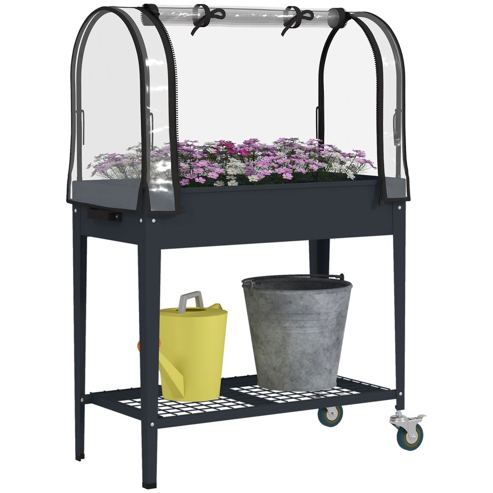 Outsunny Mobile Raised Garden Bed w/ Greenhouse & Bottom Shelf - Dark Grey - SGP Garden Ltd