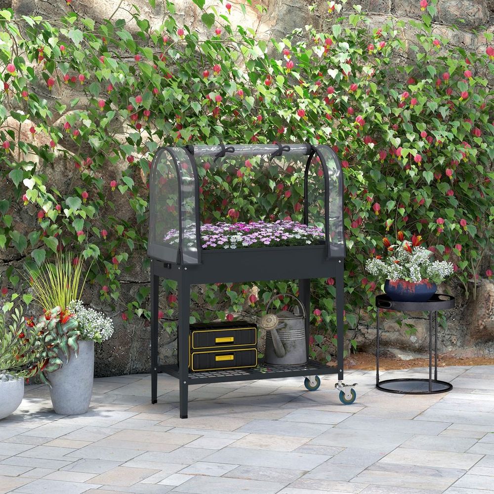 Outsunny Mobile Raised Garden Bed w/ Greenhouse & Bottom Shelf - Dark Grey - SGP Garden Ltd