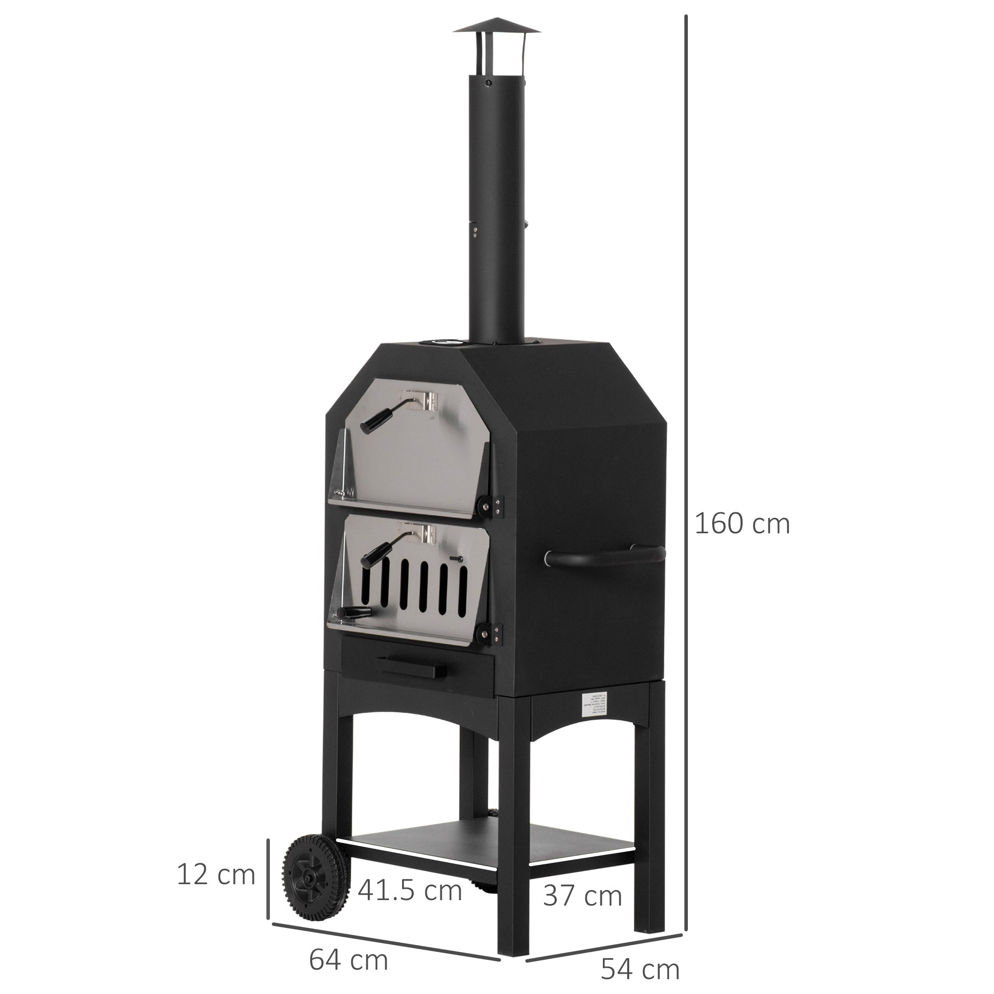 Outsunny Outdoor Garden Pizza Oven Charcoal BBQ Grill 3-Tier Freestanding w/ Chimney, Mesh Shelf, Thermometer Handles, Wheels Garden Party Gathering Stainless Steel Cooker - SGP Garden Ltd