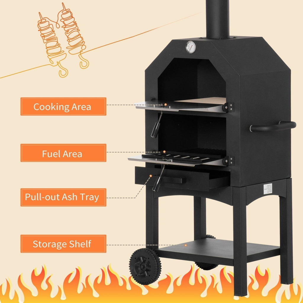 Outsunny Outdoor Garden Pizza Oven Charcoal BBQ Grill 3-Tier Freestanding w/ Chimney, Mesh Shelf, Thermometer Handles, Wheels Garden Party Gathering Stainless Steel Cooker - SGP Garden Ltd