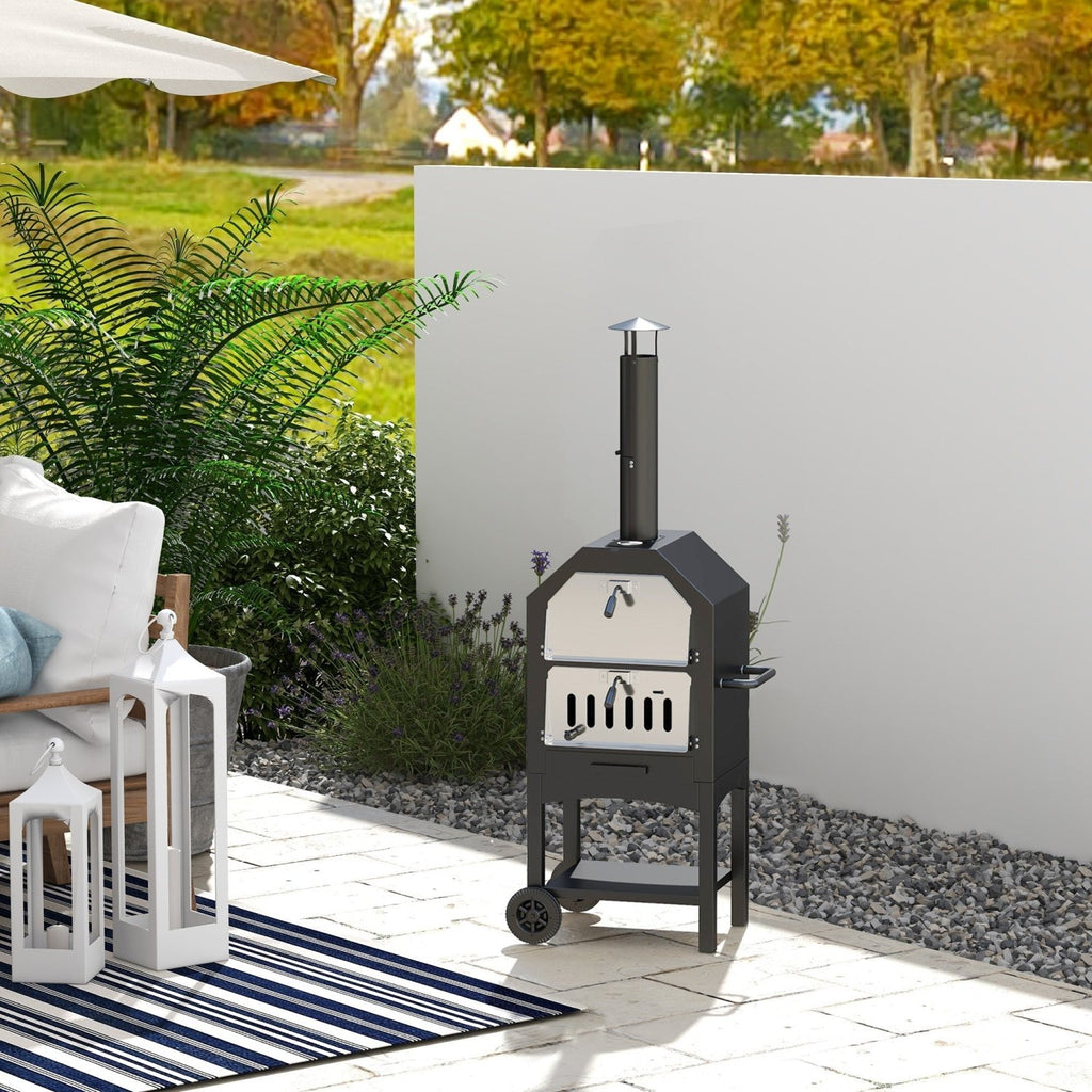 Outsunny Outdoor Garden Pizza Oven Charcoal BBQ Grill 3-Tier Freestanding w/ Chimney, Mesh Shelf, Thermometer Handles, Wheels Garden Party Gathering Stainless Steel Cooker - SGP Garden Ltd