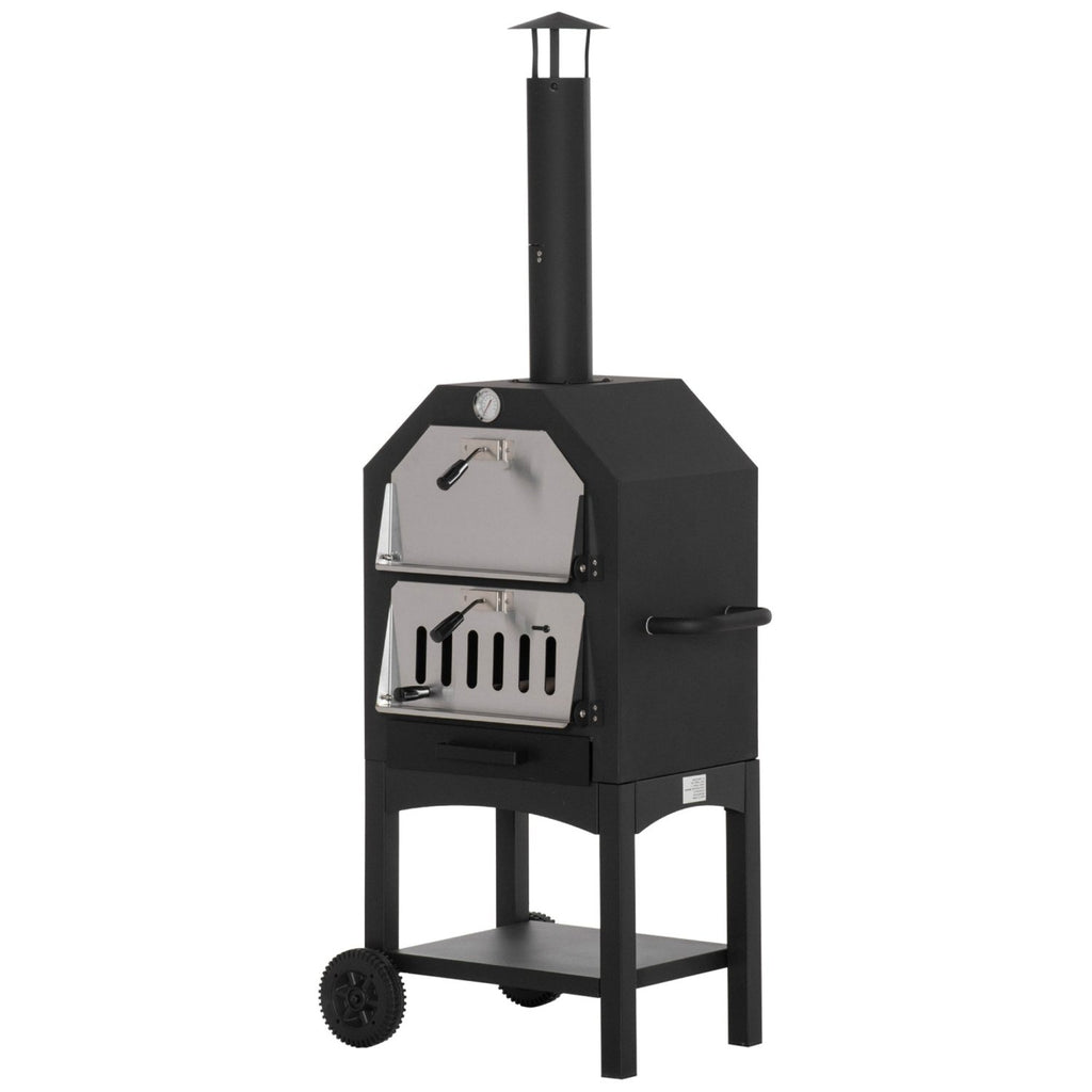 Outsunny Outdoor Garden Pizza Oven Charcoal BBQ Grill 3-Tier Freestanding w/ Chimney, Mesh Shelf, Thermometer Handles, Wheels Garden Party Gathering Stainless Steel Cooker - SGP Garden Ltd