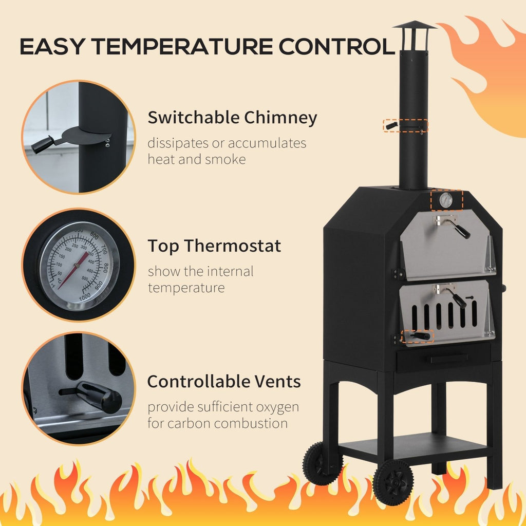 Outsunny Outdoor Garden Pizza Oven Charcoal BBQ Grill 3-Tier Freestanding w/ Chimney, Mesh Shelf, Thermometer Handles, Wheels Garden Party Gathering Stainless Steel Cooker - SGP Garden Ltd