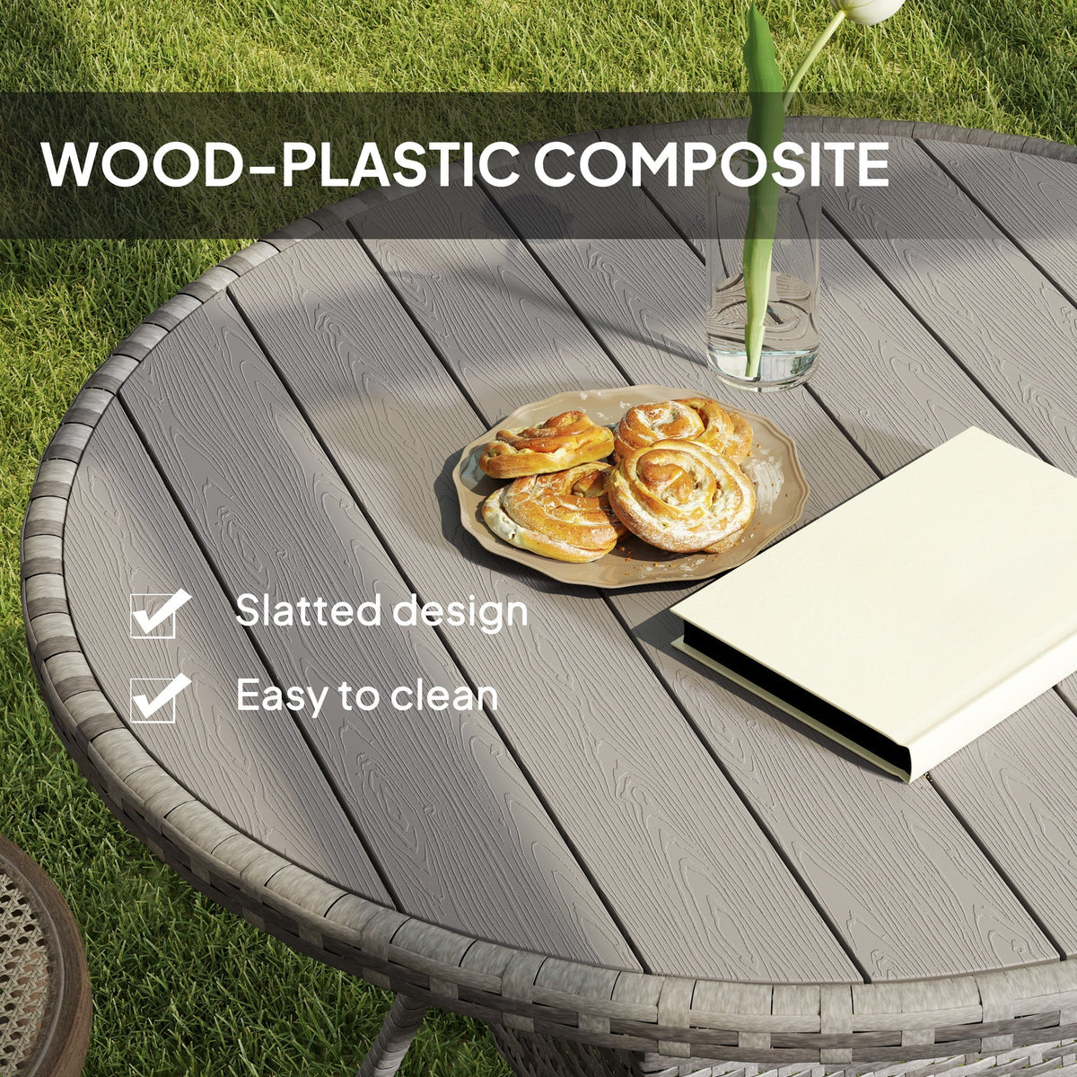 Outsunny Outdoor PE Rattan Dining Table w/ Wood-plastic Composite Top, Grey - SGP Garden Ltd