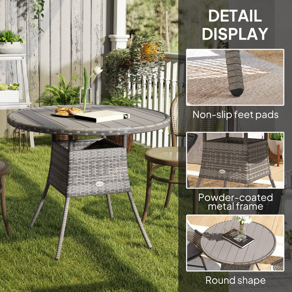 Outsunny Outdoor PE Rattan Dining Table w/ Wood-plastic Composite Top, Grey - SGP Garden Ltd
