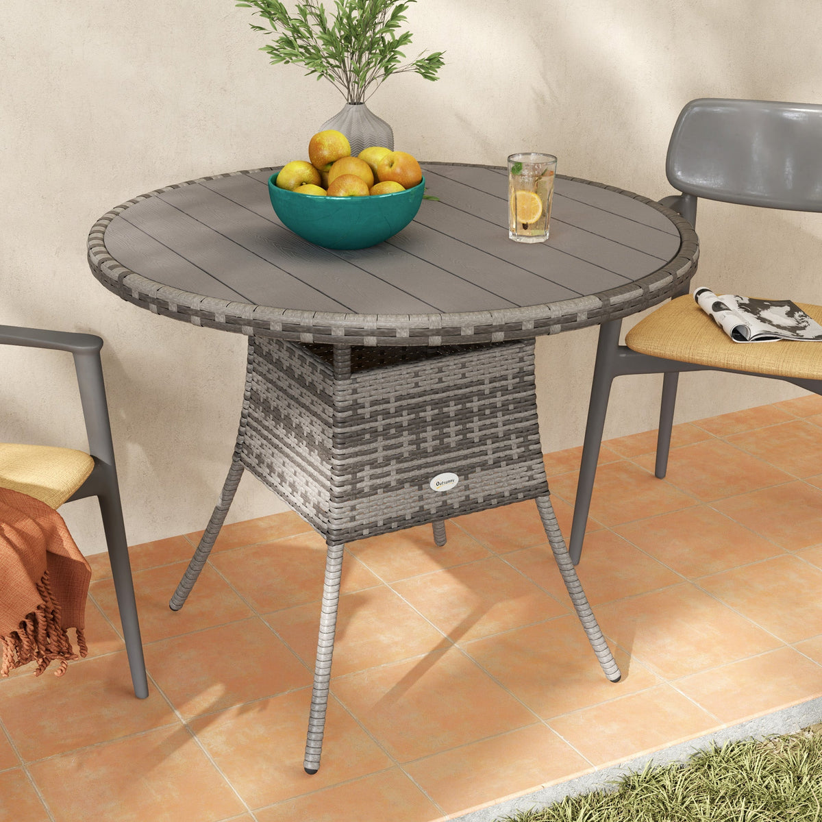 Outsunny Outdoor PE Rattan Dining Table w/ Wood-plastic Composite Top, Grey - SGP Garden Ltd