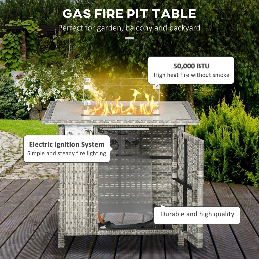 Outsunny Outdoor PE Rattan Gas Fire Pit Table, Patio Square Propane Heater with Rain Cover, Glass Windscreen, and Lava Stone, 50,000 BTU, Grey - SGP Garden Ltd