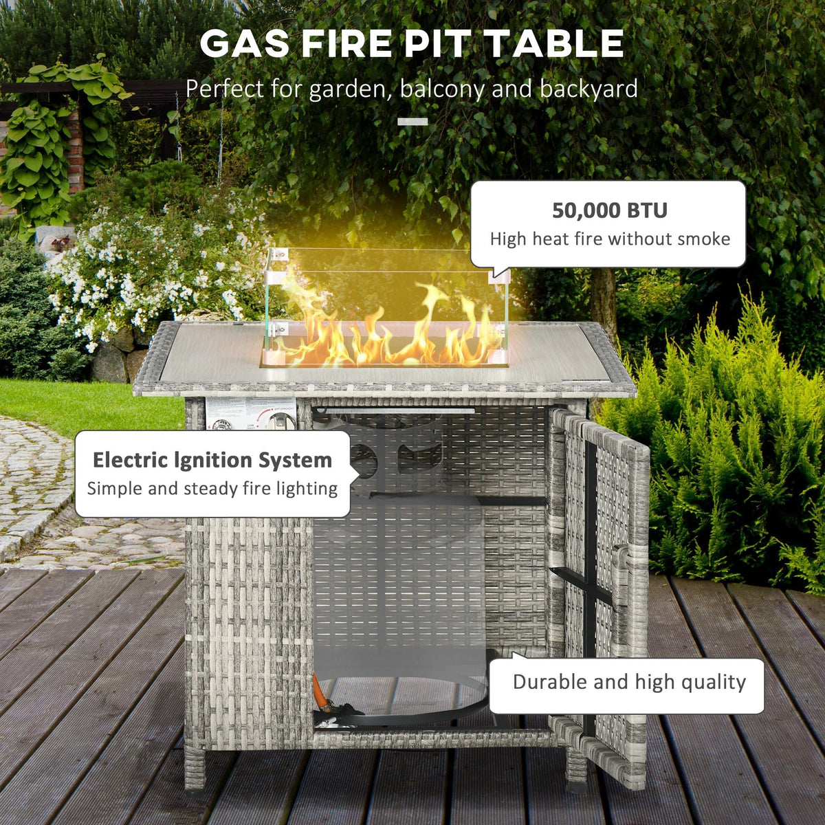 Outsunny Outdoor PE Rattan Gas Fire Pit Table, Patio Square Propane Heater with Rain Cover, Glass Windscreen, and Lava Stone, 50,000 BTU, Grey - SGP Garden Ltd