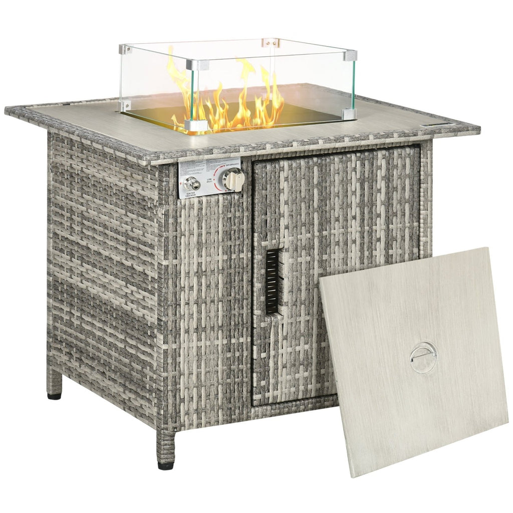Outsunny Outdoor PE Rattan Gas Fire Pit Table, Patio Square Propane Heater with Rain Cover, Glass Windscreen, and Lava Stone, 50,000 BTU, Grey - SGP Garden Ltd
