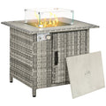 Outsunny Outdoor PE Rattan Gas Fire Pit Table, Patio Square Propane Heater with Rain Cover, Glass Windscreen, and Lava Stone, 50,000 BTU, Grey - SGP Garden Ltd