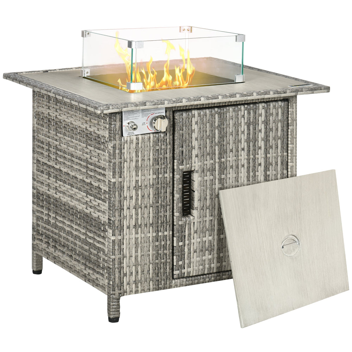 Outsunny Outdoor PE Rattan Gas Fire Pit Table, Patio Square Propane Heater with Rain Cover, Glass Windscreen, and Lava Stone, 50,000 BTU, Grey - SGP Garden Ltd