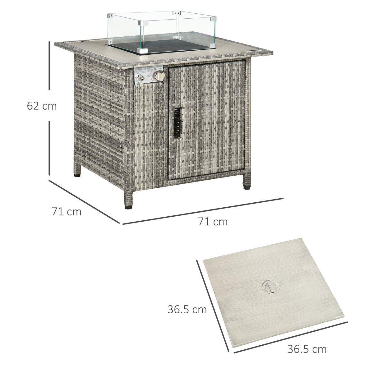 Outsunny Outdoor PE Rattan Gas Fire Pit Table, Patio Square Propane Heater with Rain Cover, Glass Windscreen, and Lava Stone, 50,000 BTU, Grey - SGP Garden Ltd