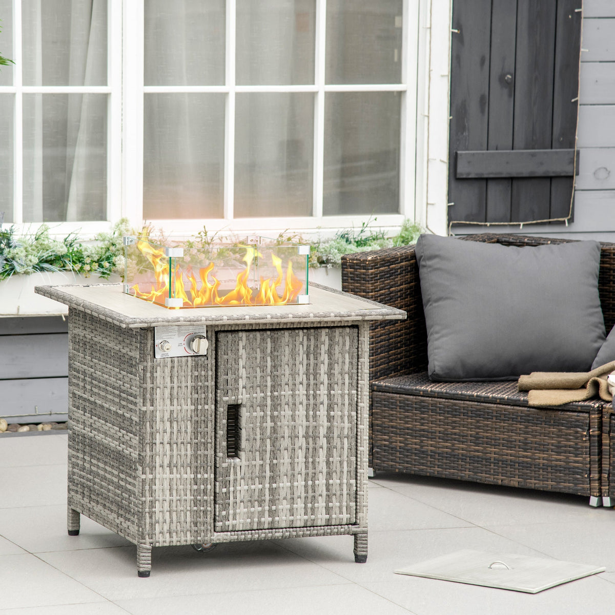 Outsunny Outdoor PE Rattan Gas Fire Pit Table, Patio Square Propane Heater with Rain Cover, Glass Windscreen, and Lava Stone, 50,000 BTU, Grey - SGP Garden Ltd