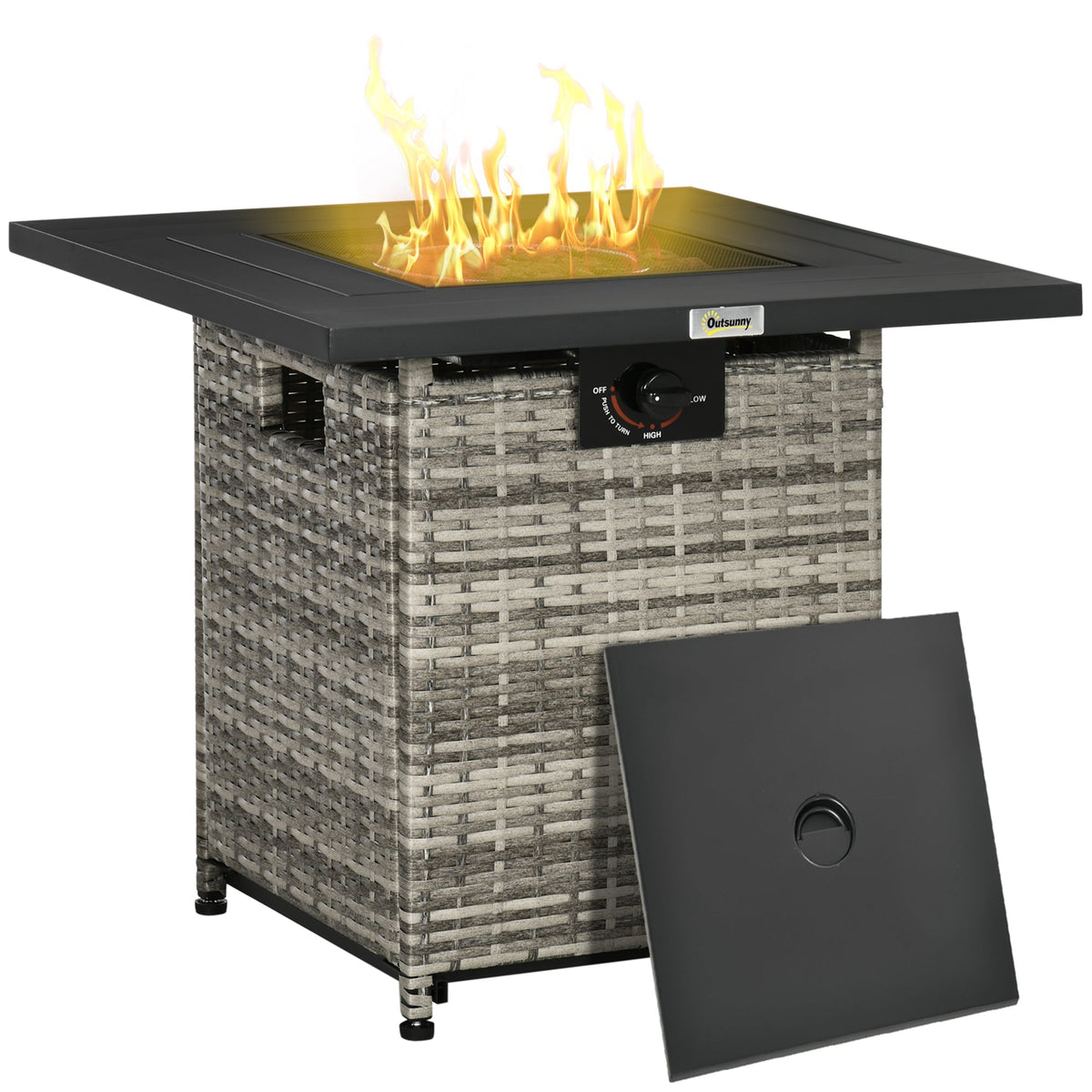 Outsunny Outdoor PE Rattan Gas Fire Pit Table, Patio Square Propane Heater with Rain Cover, Mesh Lid and Lava Stone, 40,000 BTU, Mixed Grey - SGP Garden Ltd